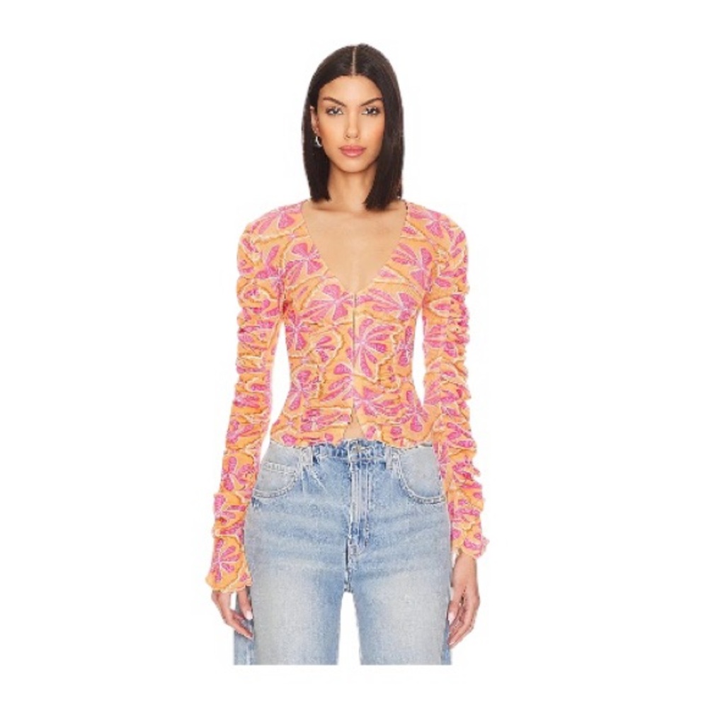 NWT Free People Through the Meadow Top Grapefruit Long Sleeve Pink Orange Medium